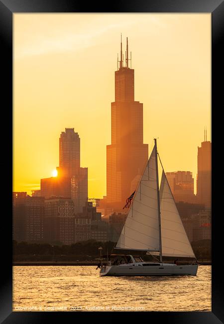 View of yacht sunset Lake Michigan skyline Illinois Framed Print by Spotmatik 