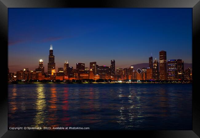 Chicago illuminated view at dusk city skyscrapers USA Framed Print by Spotmatik 