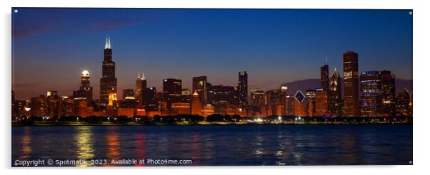 Panorama of Chicago city skyscrapers illuminated at dusk Acrylic by Spotmatik 
