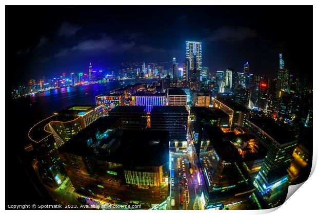 Hong Kong illuminated city traffic and skyscrapers downtown  Print by Spotmatik 