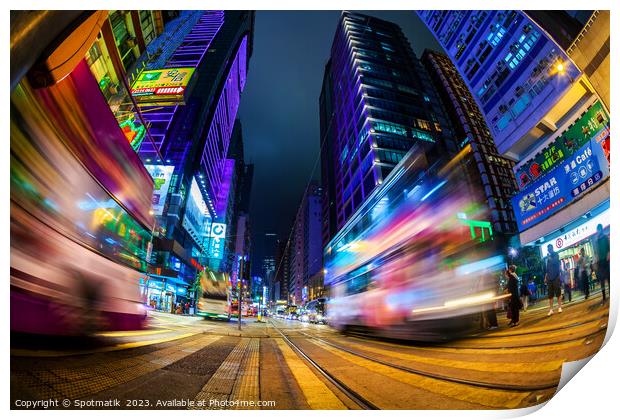 Hong Kong illuminated busy street intersection Kow Print by Spotmatik 