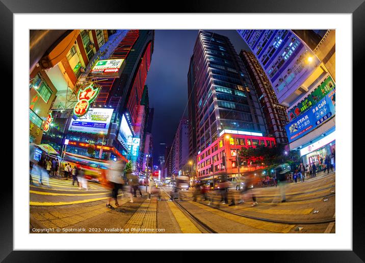 Hong Kong illuminated buildings busy pedestrian ci Framed Mounted Print by Spotmatik 