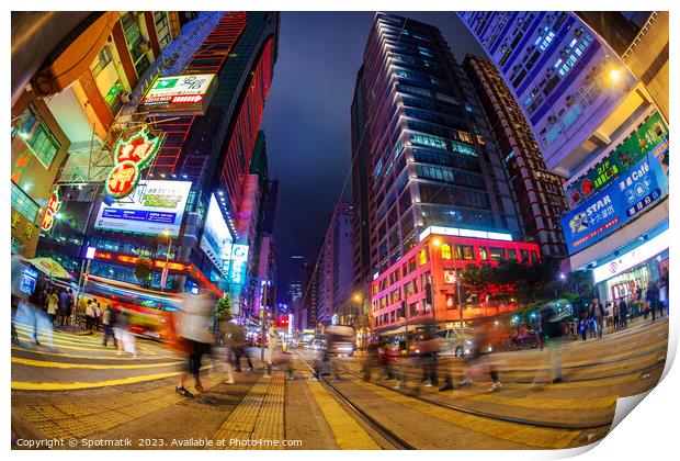 Hong Kong illuminated buildings busy pedestrian ci Print by Spotmatik 