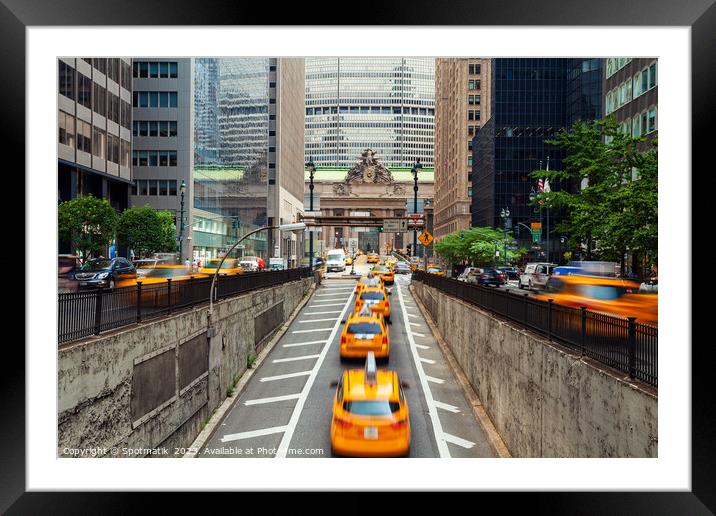Yellow taxi cabs surfacing from underpass New York Framed Mounted Print by Spotmatik 