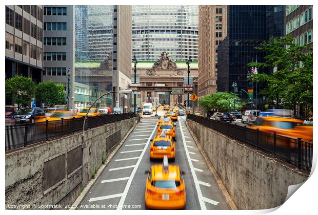 Yellow taxi cabs surfacing from underpass New York Print by Spotmatik 