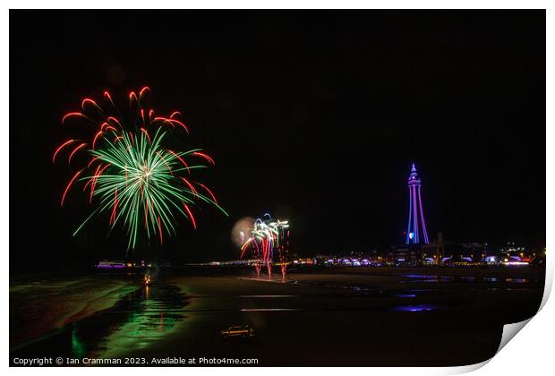 Fireworks over the beach at Blackpool Print by Ian Cramman