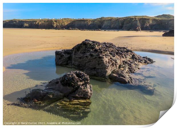 Tranquil Rockpools on Gwithian Beach Print by Beryl Curran