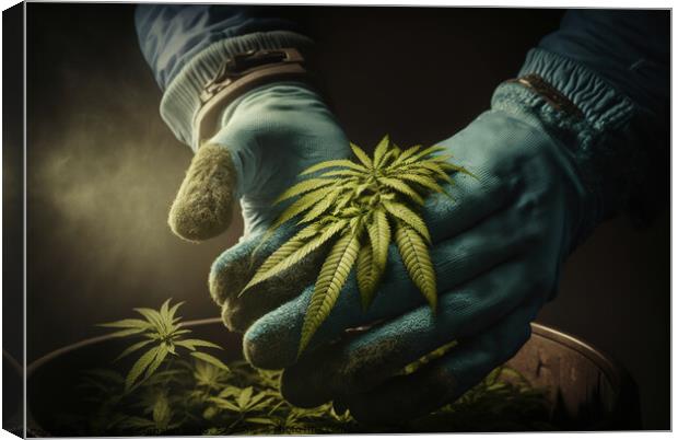 A grower carefully collects cannabis leaves between his hands to Canvas Print by Joaquin Corbalan