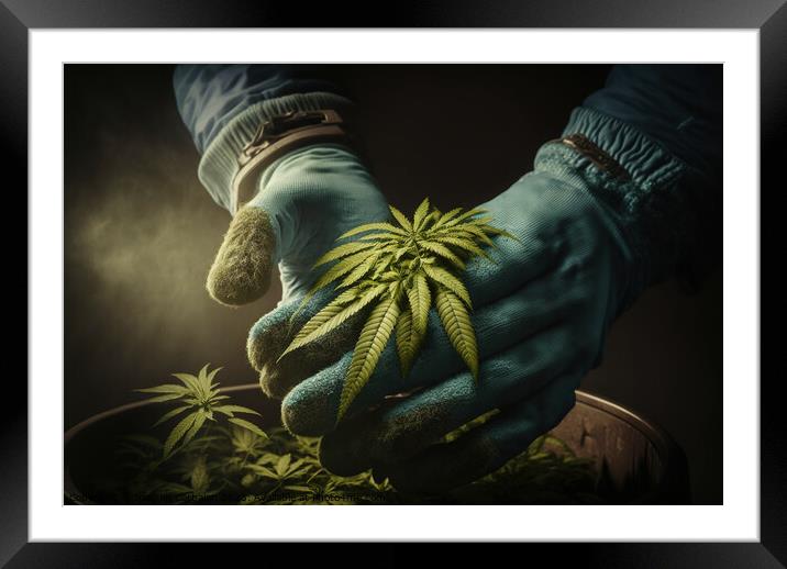 A grower carefully collects cannabis leaves between his hands to Framed Mounted Print by Joaquin Corbalan