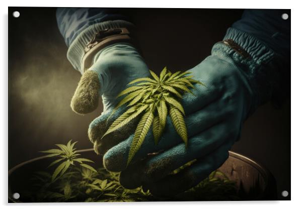 A grower carefully collects cannabis leaves between his hands to Acrylic by Joaquin Corbalan