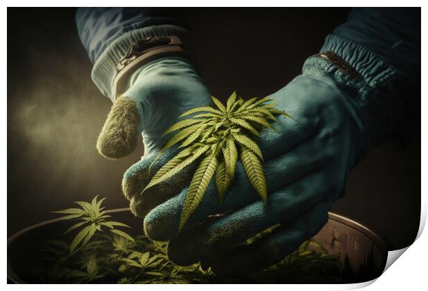 A grower carefully collects cannabis leaves between his hands to Print by Joaquin Corbalan