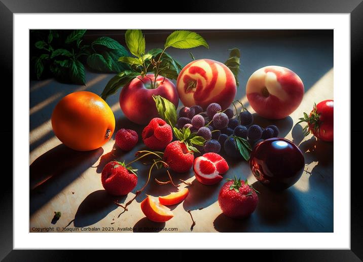 Summer season fruits pictorially arranged, painted with natural  Framed Mounted Print by Joaquin Corbalan