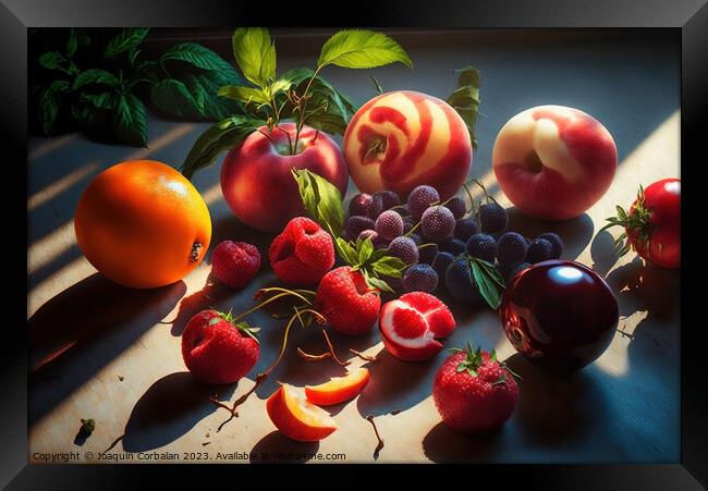 Summer season fruits pictorially arranged, painted with natural  Framed Print by Joaquin Corbalan