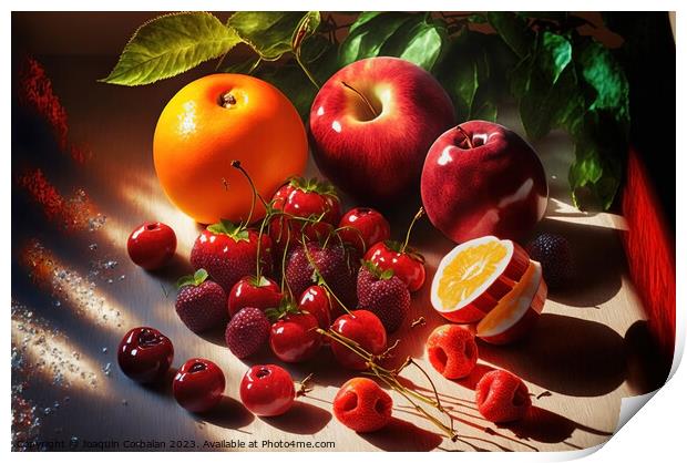 Summer season fruits pictorially arranged, painted with natural  Print by Joaquin Corbalan