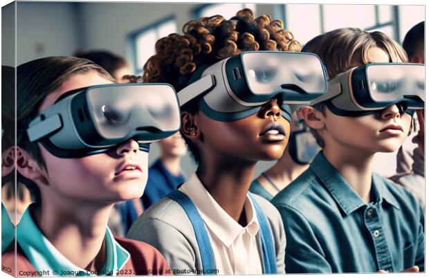 A group of children in class use virtual reality glasses to inte Canvas Print by Joaquin Corbalan