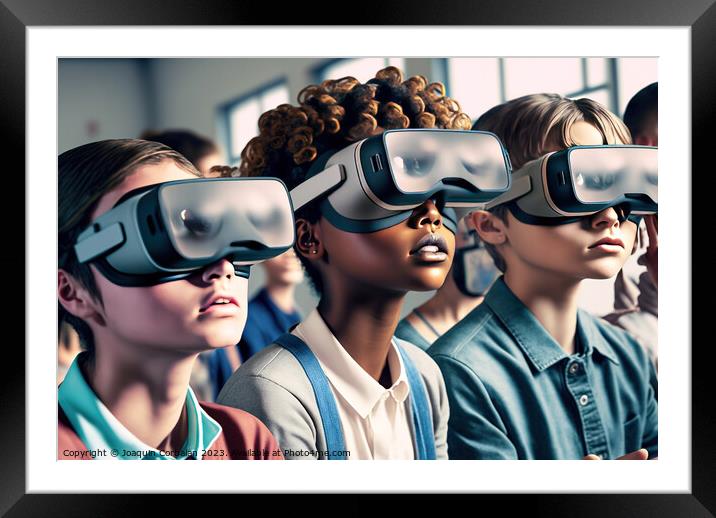 A group of children in class use virtual reality glasses to inte Framed Mounted Print by Joaquin Corbalan