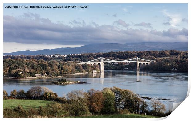 Menai Strait and Suspension Bridge Anglesey Print by Pearl Bucknall