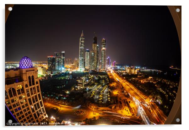 Night illuminated view Skyscrapers Sheikh Zayed road Dubai  Acrylic by Spotmatik 