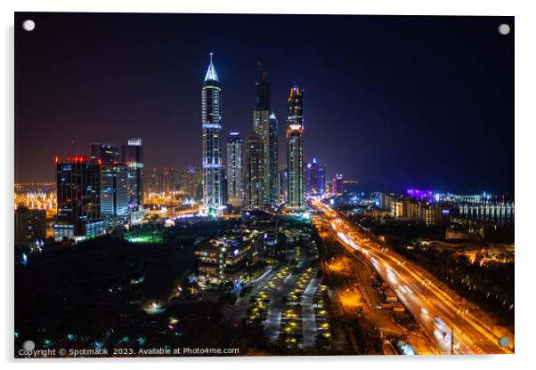 Night Dubai illuminated view of modern city Skyscrapers Acrylic by Spotmatik 