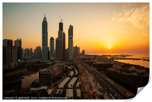 Dubai sunset Sheikh Zayed Road Media city skyscrapers  Print by Spotmatik 