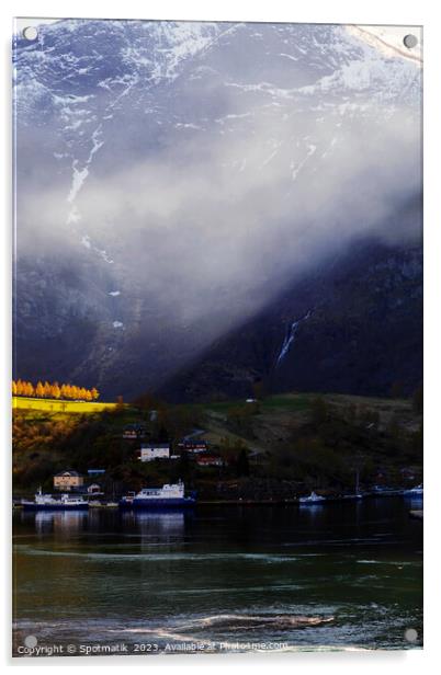 Sunlight beaming though light mist Norwegian glacial fjord  Acrylic by Spotmatik 