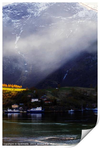 Sunlight beaming though light mist Norwegian glacial fjord  Print by Spotmatik 