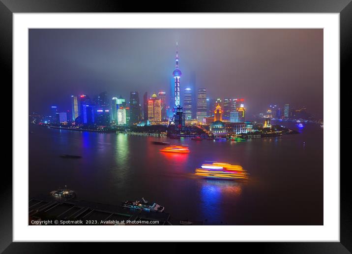 Illuminated Huangpu River Shanghai and Oriental Pe Framed Mounted Print by Spotmatik 