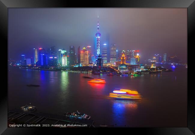 Illuminated Huangpu River Shanghai and Oriental Pe Framed Print by Spotmatik 