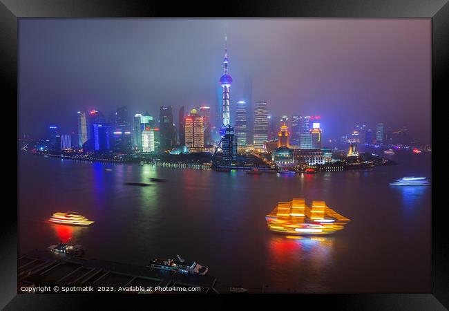 Shanghai Oriental Pearl Tower tourist boats Huangp Framed Print by Spotmatik 