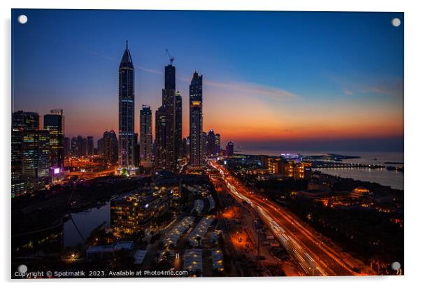 Dubai sunset Sheikh Zayed Road Media city skyscrapers  Acrylic by Spotmatik 