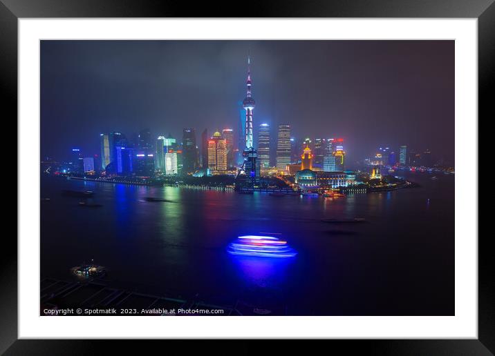 Illuminated Huangpu River Shanghai and Oriental Pe Framed Mounted Print by Spotmatik 