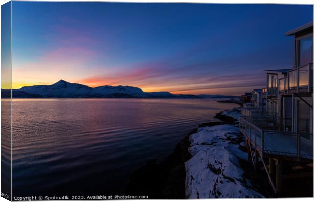 Norway Scandinavia sunset over Fjord travel tourist resort  Canvas Print by Spotmatik 