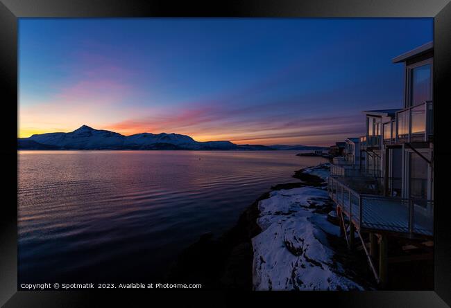Norway Scandinavia sunset over Fjord travel tourist resort  Framed Print by Spotmatik 