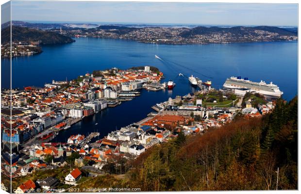 View of Bergen harbor cruise ship terminal Norway  Canvas Print by Spotmatik 