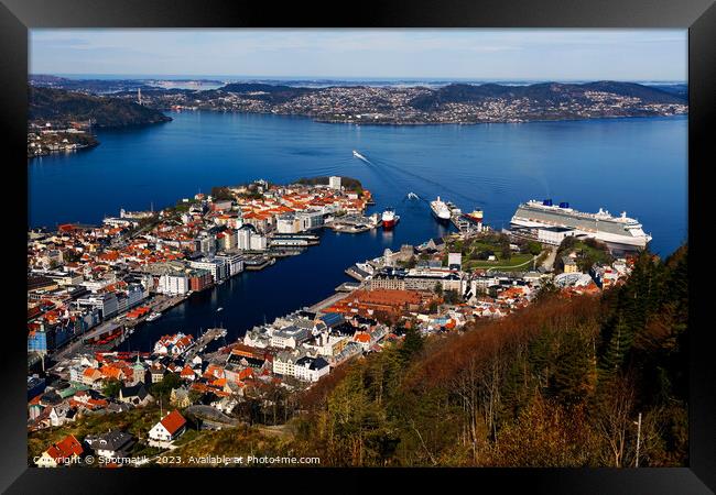 View of Bergen harbor cruise ship terminal Norway  Framed Print by Spotmatik 