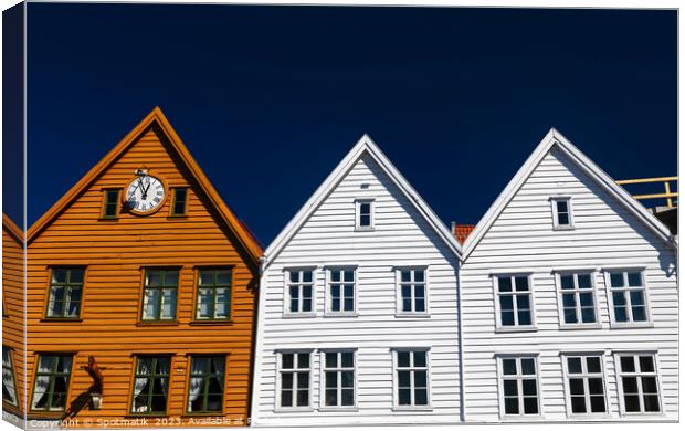 View of Bryggen Bergen Old wooden buildings Norway Canvas Print by Spotmatik 