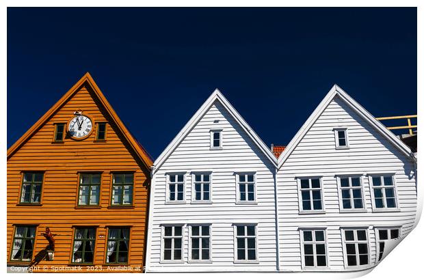 View of Bryggen Bergen Old wooden buildings Norway Print by Spotmatik 