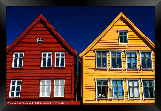 View Bergen Norway colorful wooden clad boat houses  Framed Print by Spotmatik 
