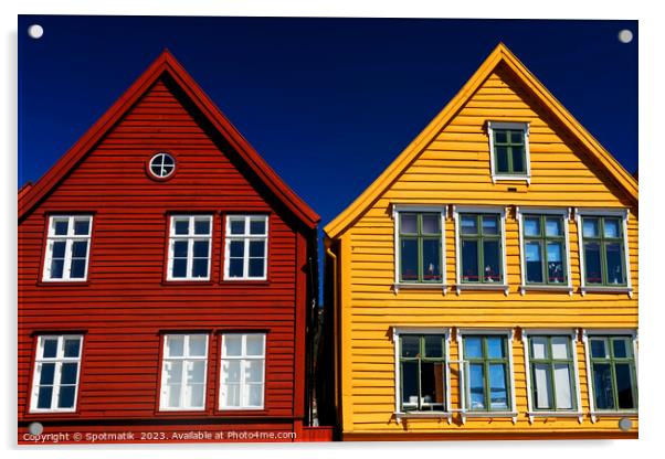 View Bergen Norway colorful wooden clad boat houses  Acrylic by Spotmatik 
