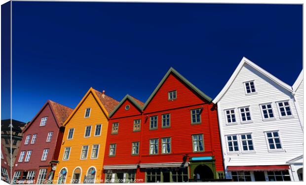 View of Bryggen Bergen famous wooden buildings Norway Canvas Print by Spotmatik 