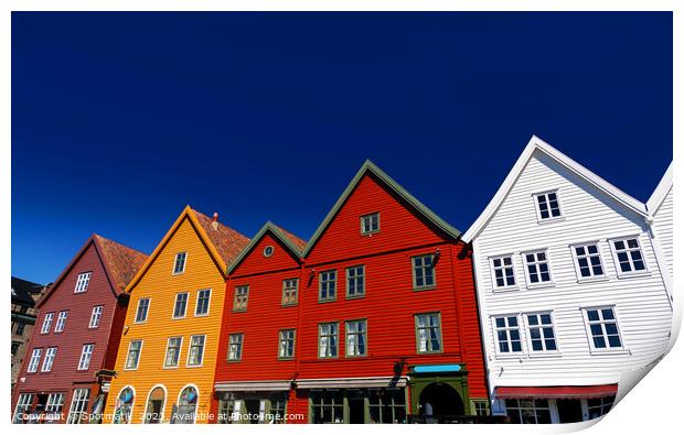 View of Bryggen Bergen famous wooden buildings Norway Print by Spotmatik 