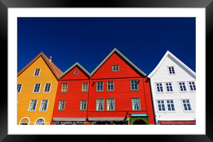 View of Bergen Hanseatic heritage commercial buildings Norway Framed Mounted Print by Spotmatik 