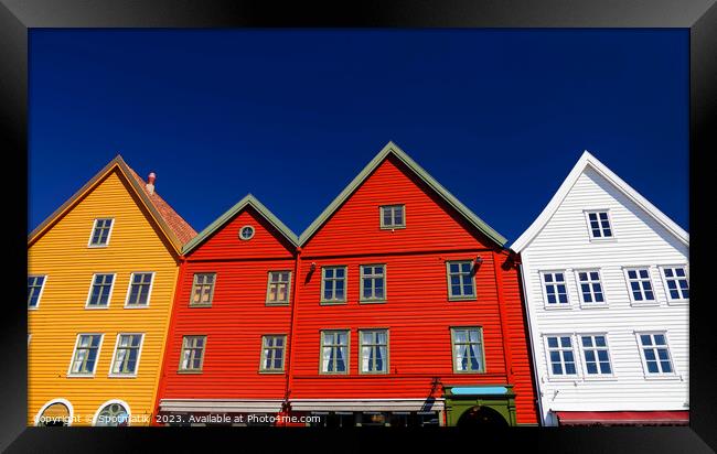View of Bergen Hanseatic heritage commercial buildings Norway Framed Print by Spotmatik 