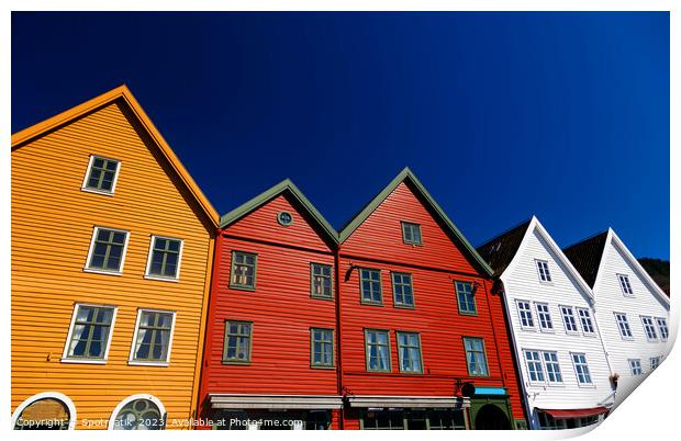 Bergen Norway a colorful wooden clad boat houses  Print by Spotmatik 