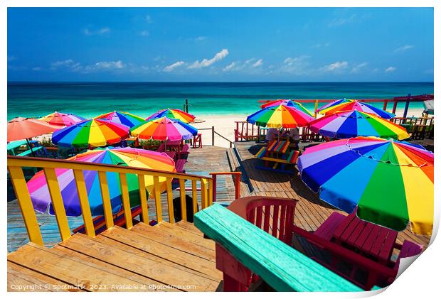 Beach umbrellas in the tropical sunshine Bahamas Caribbean Print by Spotmatik 