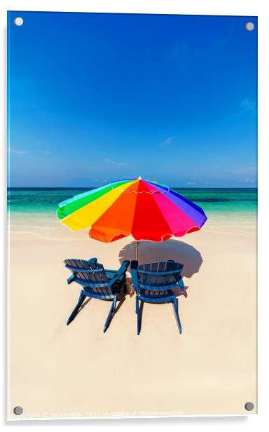 Parasol  beach chairs on white tropical sandy shoreline Acrylic by Spotmatik 