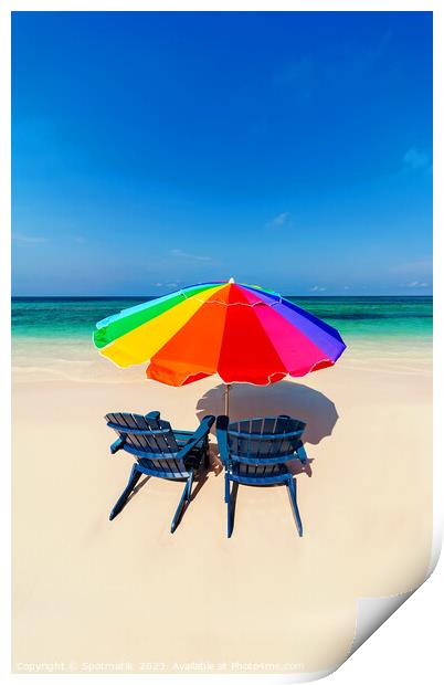 Parasol  beach chairs on white tropical sandy shoreline Print by Spotmatik 