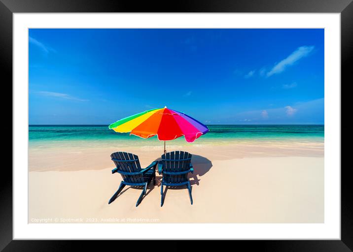 Parasol and chairs on sandy beach Bahamas Caribbean Framed Mounted Print by Spotmatik 