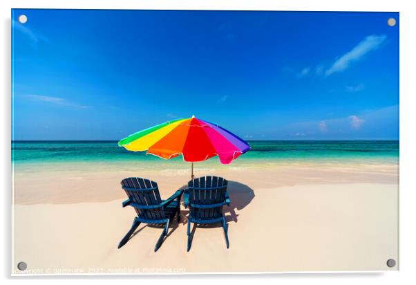 Parasol and chairs on sandy beach Bahamas Caribbean Acrylic by Spotmatik 
