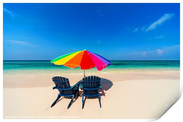 Parasol and chairs on sandy beach Bahamas Caribbean Print by Spotmatik 
